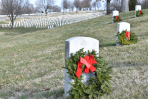 Wreaths on tombstone