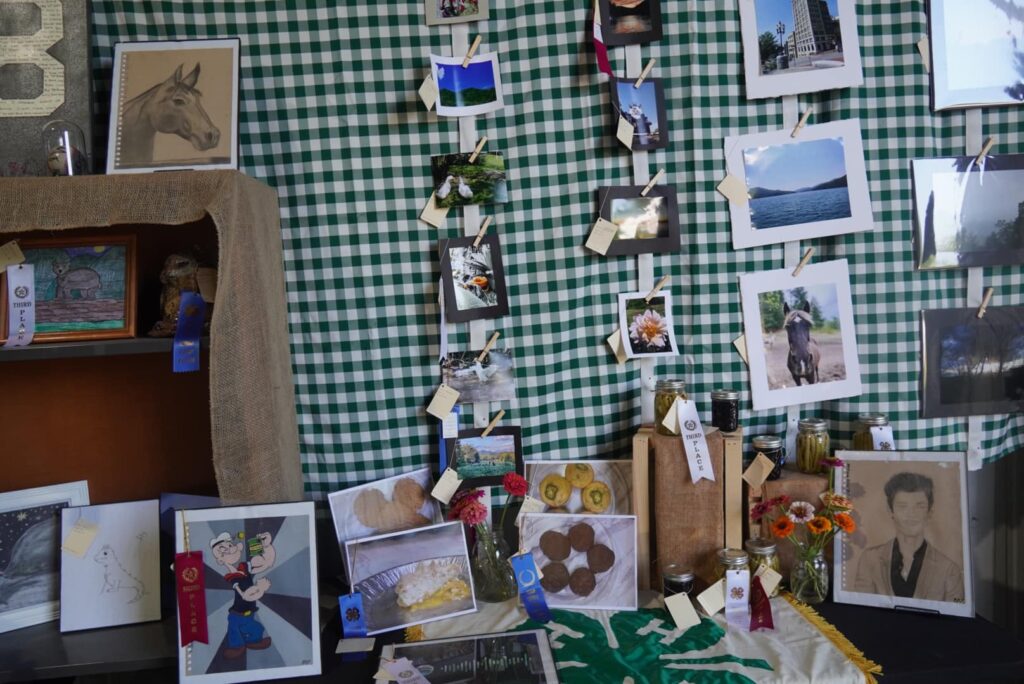 Photographs on a table displayed at a fair.
